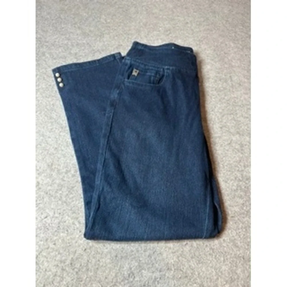 Belle by Kim Gravel Dark Wash Pull On Straight Leg Jeans Pearl Button Hem 4T